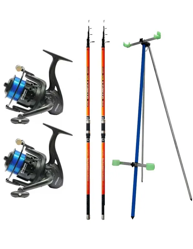 Nouveauté Combo complet pour la pêche Surfcasting 2 Cannes 2 Moulins et Trépied